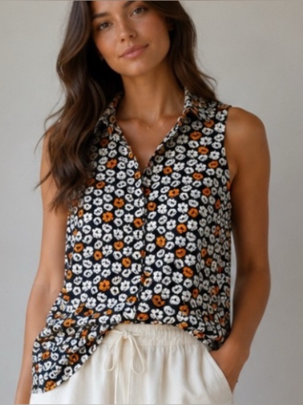 Lands End Sleeveless Button Front Floral Blouse in Navy, White & Orange